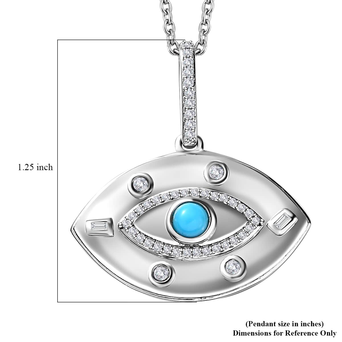 Sleeping Beauty Turquoise and White Zircon Evil Eye Protector Celestial Medallion Pendant Necklace 20 Inches in Platinum Over Sterling Silver 0.70 ctw image number 6