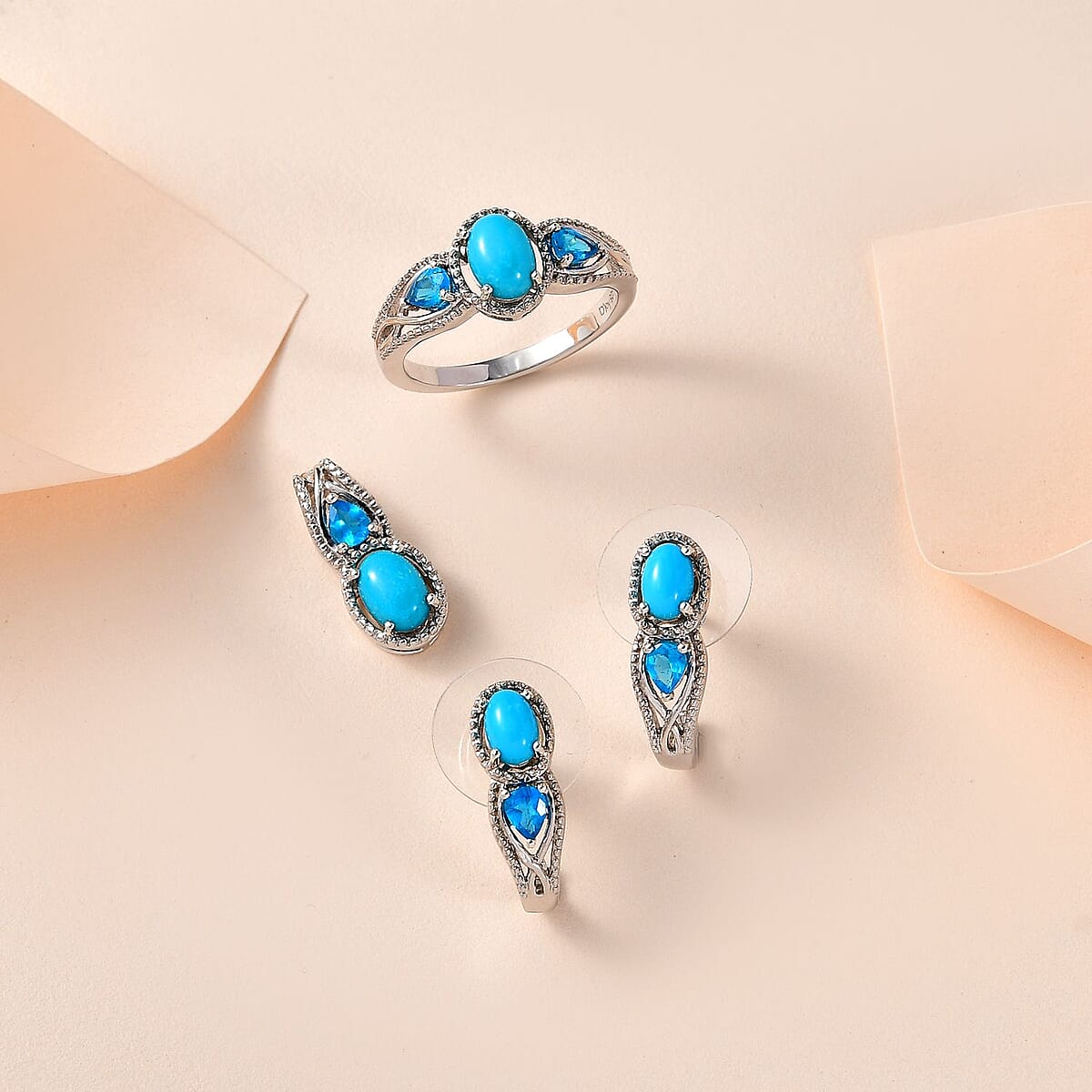 Doorbuster Premium Sleeping Beauty Turquoise and Malgache Neon Apatite J-Hoop Earrings, Ring (Size 5.0) and Pendant in Platinum Over Sterling Silver 3.15 ctw image number 1