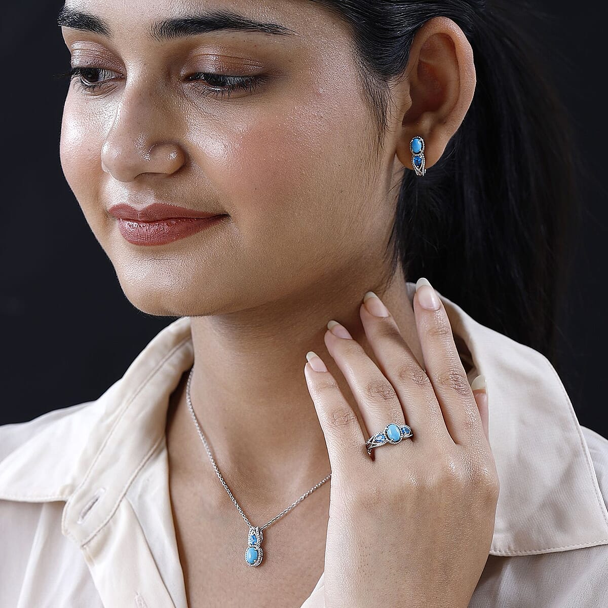 Doorbuster Premium Sleeping Beauty Turquoise and Malgache Neon Apatite J-Hoop Earrings, Ring (Size 5.0) and Pendant in Platinum Over Sterling Silver 3.15 ctw image number 3