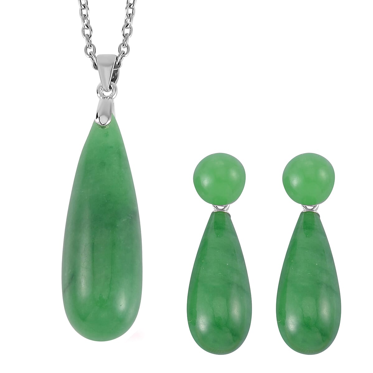 TLV Green Jade Drop Earrings and Pendant in Rhodium Over Sterling Silver with Stainless Steel Necklace (20 Inches) 69.91 ctw image number 0