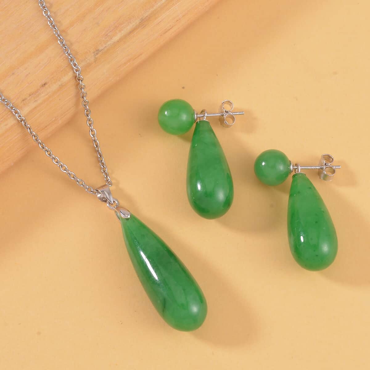 TLV Green Jade Drop Earrings and Pendant in Rhodium Over Sterling Silver with Stainless Steel Necklace (20 Inches) 69.91 ctw image number 1