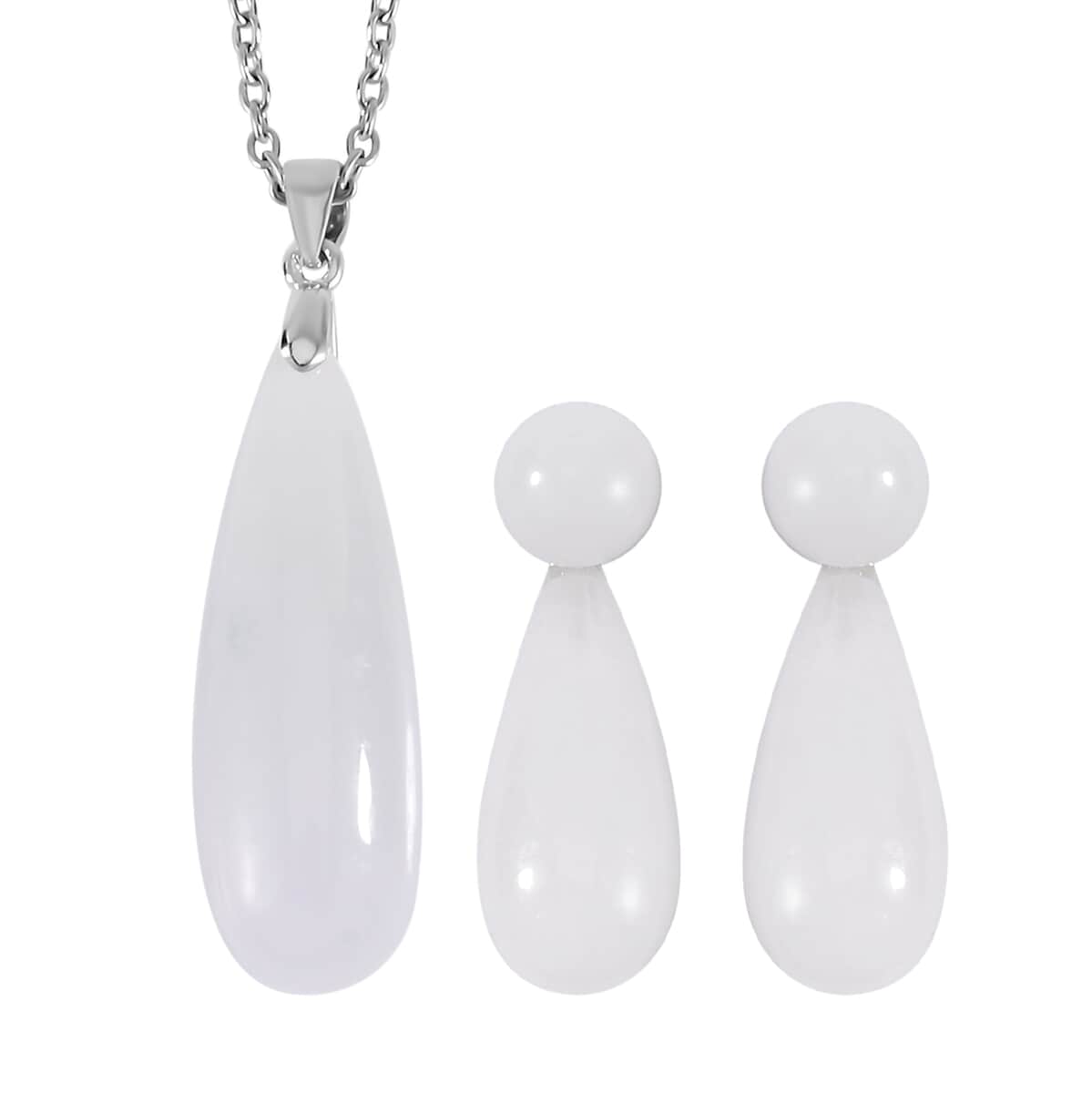 Natural Jade Drop Earrings and Pendant in Rhodium Over Sterling Silver with Stainless Steel Necklace 20 Inches 69.90 ctw image number 0