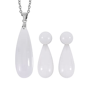 Natural Jade Drop Earrings and Pendant in Rhodium Over Sterling Silver with Stainless Steel Necklace 20 Inches 69.90 ctw