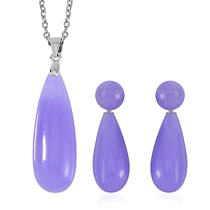 Purple Jade (D) Drop Earrings and Pendant in Rhodium Over Sterling Silver with Stainless Steel Necklace 20 Inches 69.90 ctw