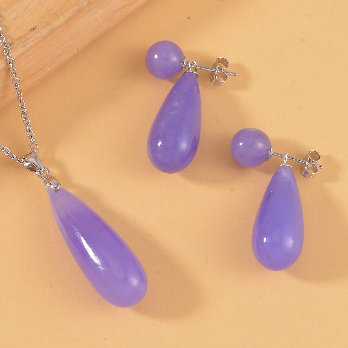 Purple Jade (D) Drop Earrings and Pendant in Rhodium Over Sterling Silver with Stainless Steel Necklace 20 Inches 69.90 ctw image number 1