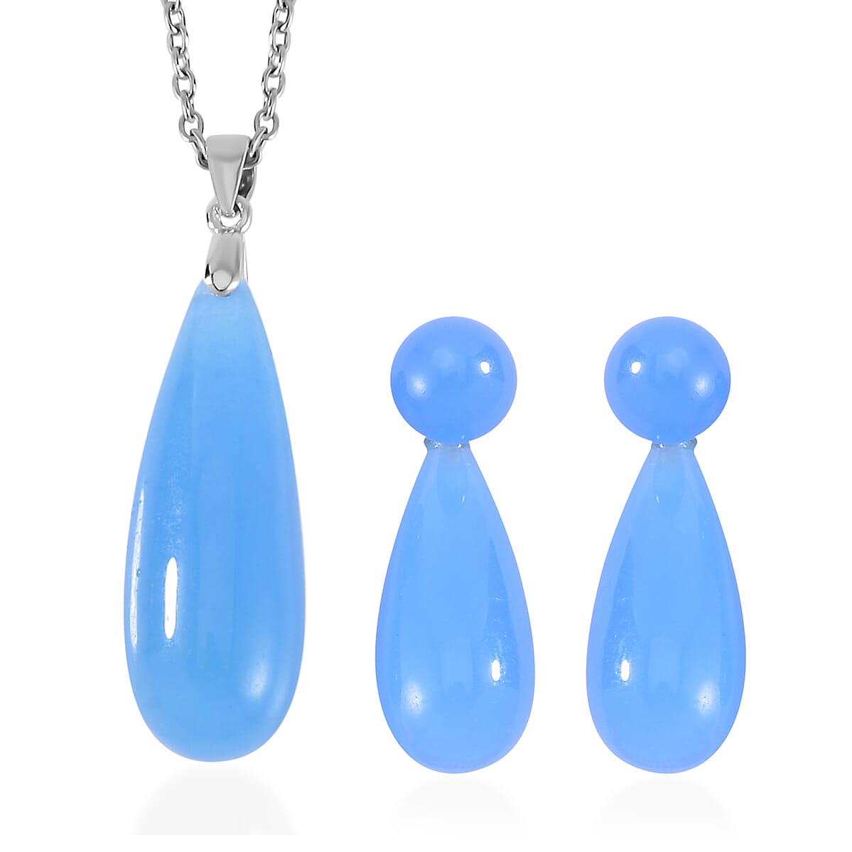 Blue Jade (D) Drop Earrings and Pendant in Rhodium Over Sterling Silver with Stainless Steel Necklace 20 Inches 69.90 ctw image number 0