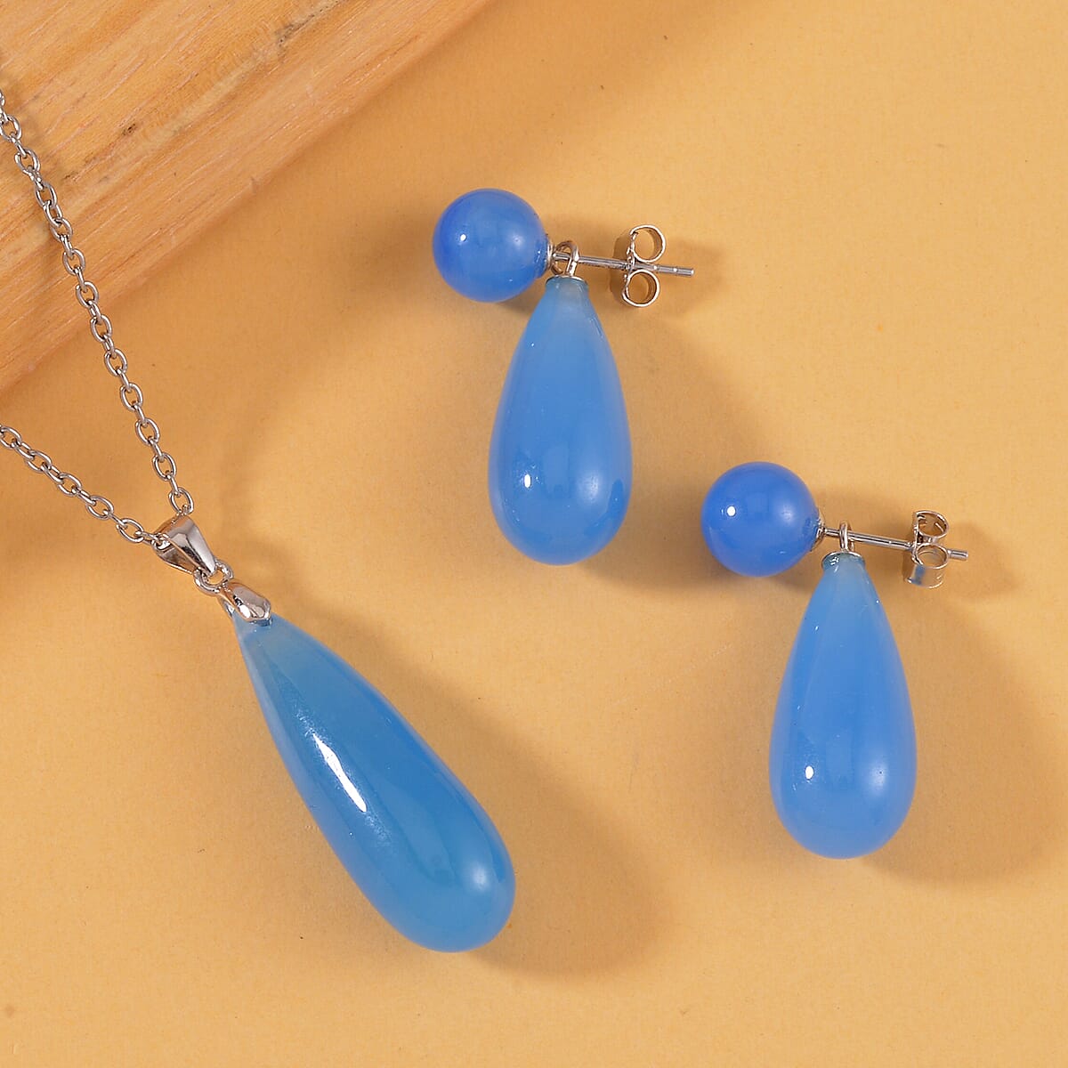 Blue Jade (D) Drop Earrings and Pendant in Rhodium Over Sterling Silver with Stainless Steel Necklace 20 Inches 69.90 ctw image number 1