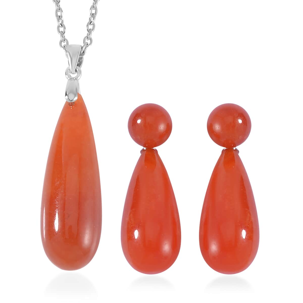 Red Jade (D) Drop Earrings and Pendant in Rhodium Over Sterling Silver with Stainless Steel Necklace 20 Inches 69.90 ctw image number 0