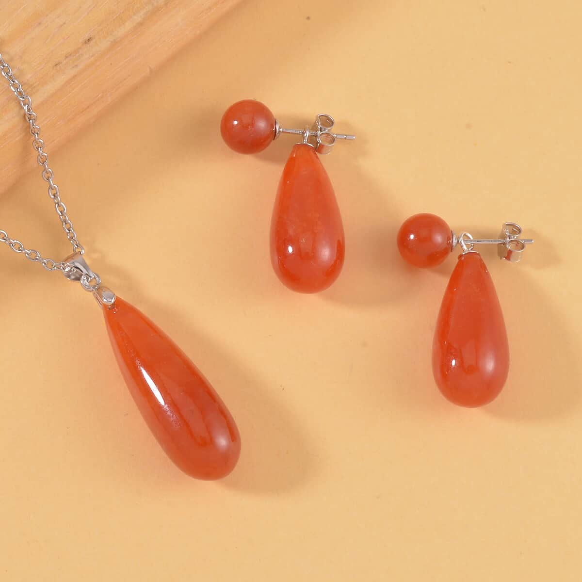 Red Jade (D) Drop Earrings and Pendant in Rhodium Over Sterling Silver with Stainless Steel Necklace 20 Inches 69.90 ctw image number 1