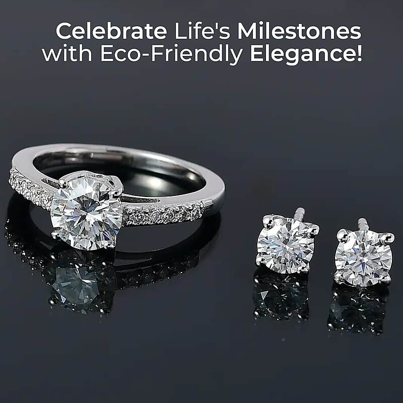 Moissanite 2.00 ctw Jewelry Set of Stud Earrings and Ring, Platinum Over Sterling Silver  Jewelry Set, Moissanite Ring, Moissanite Stud Earrings