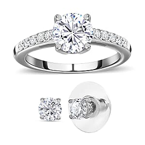 Moissanite 2.00 ctw Jewelry Set of Stud Earrings and Ring, Platinum Over Sterling Silver Jewelry Set, Moissanite Ring, Moissanite Stud Earrings