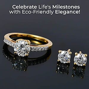 Moissanite Jewelry Set of Stud Earrings and Ring, Vermeil Yellow Gold Over Sterling Silver  Jewelry Set, Moissanite Ring, Moissanite Stud Earrings 2.00 ctw