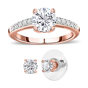 Moissanite Jewelry Set of Stud Earrings and Ring, Vermeil Rose Gold Over Sterling Silver  Jewelry Set, Moissanite Ring, Moissanite Stud Earrings 2.00 ctw