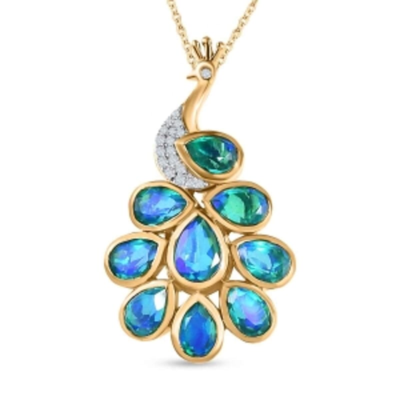 Peacock Triplet Quartz and White Zircon Pendant 4.83 ctw Necklace in Vermeil YG Over Sterling Silver 18 Inches