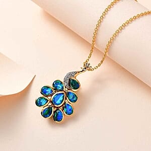 Peacock Triplet Quartz and White Zircon Pendant 4.83 ctw Necklace in Vermeil YG Over Sterling Silver 18 Inches