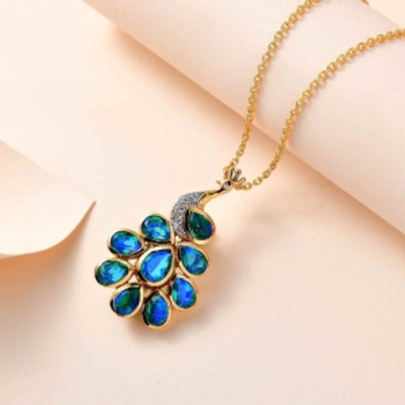 Peacock Triplet Quartz and White Zircon Pendant 4.83 ctw Necklace in Vermeil YG Over Sterling Silver 18 Inches