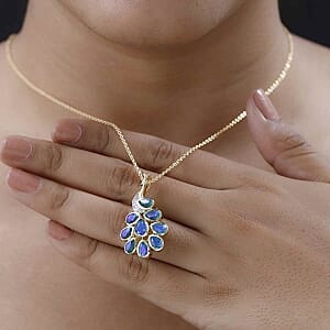 Peacock Triplet Quartz and White Zircon Pendant 4.83 ctw Necklace in Vermeil YG Over Sterling Silver 18 Inches