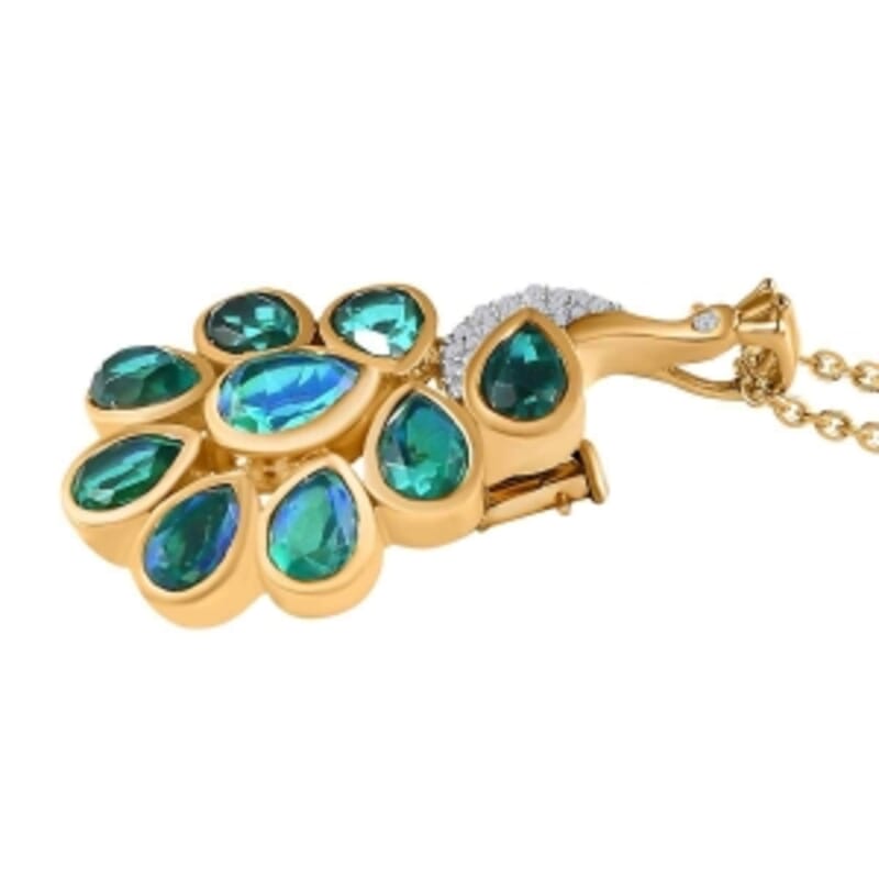 Peacock Triplet Quartz and White Zircon Pendant 4.83 ctw Necklace in Vermeil YG Over Sterling Silver 18 Inches