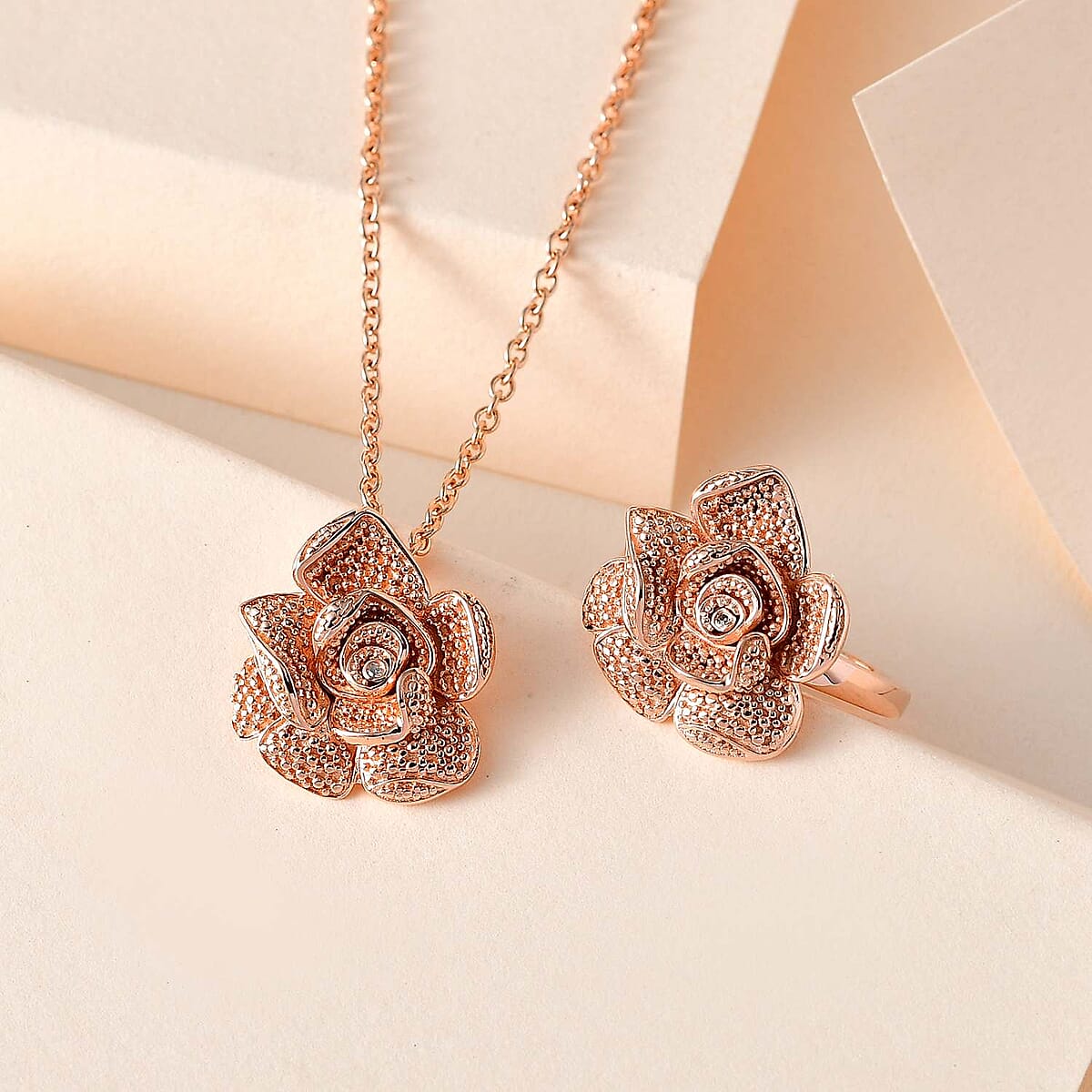 Karis Diamond Floral Ring (Size 5.0) and Pendant in 18K RG Plated with ION Plated RG Stainless Steel Necklace (20 Inches) image number 1