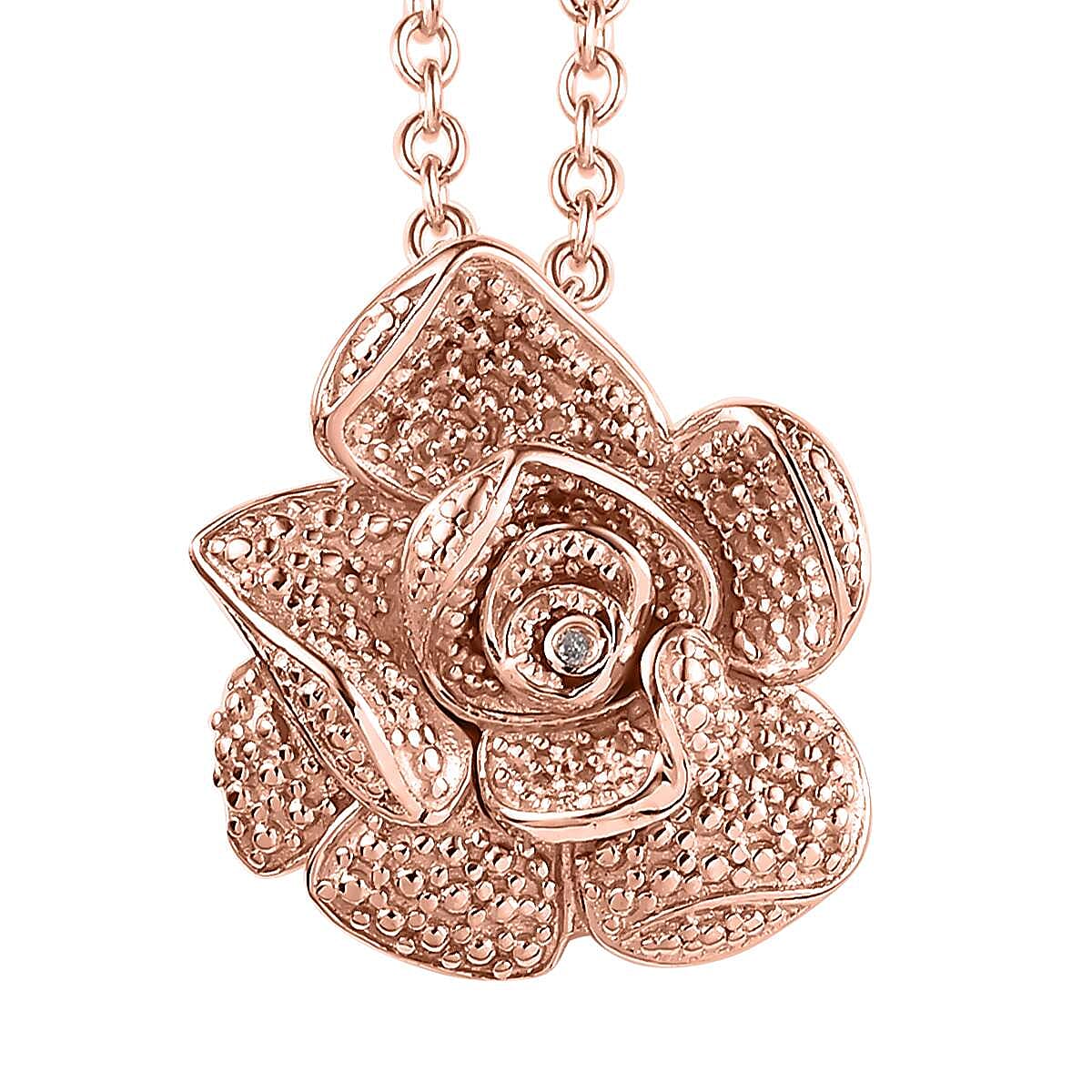 Karis Diamond Floral Ring (Size 5.0) and Pendant in 18K RG Plated with ION Plated RG Stainless Steel Necklace (20 Inches)