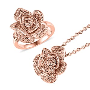 Karis Diamond Floral Ring (Size 9.0) and Pendant in 18K RG Plated with ION Plated RG Stainless Steel Necklace (20 Inches)