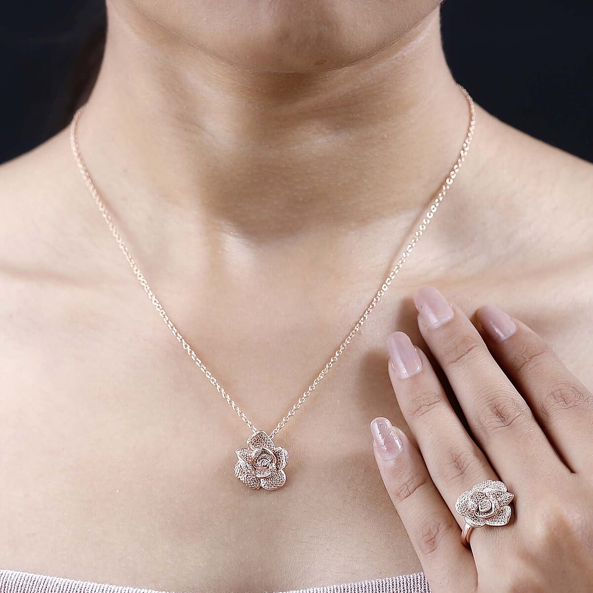 Karis Diamond Floral Ring (Size 9.0) and Pendant in 18K RG Plated with ION Plated RG Stainless Steel Necklace (20 Inches) image number 2