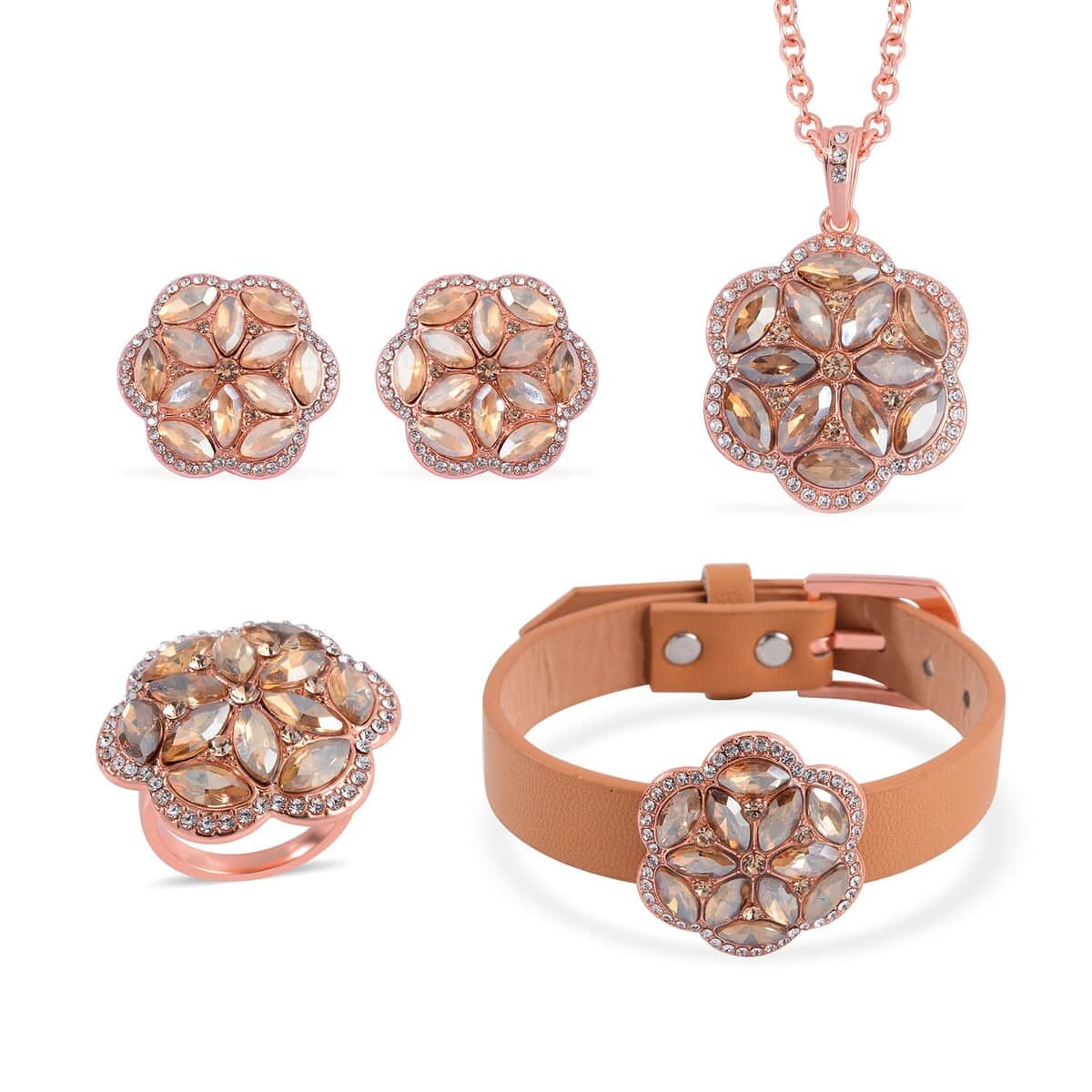 Peach and White Austrian Crystal, Faux Leather Floral Bracelet (6-8In), Earrings, Ring (Size 6.0) and Pendant Necklace 20-22 Inches In Rosetone image number 0