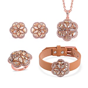 Peach and White Austrian Crystal, Faux Leather Floral Bracelet (6-8In), Earrings, Ring (Size 10.0) and Pendant Necklace 20-22 Inches In Rosetone