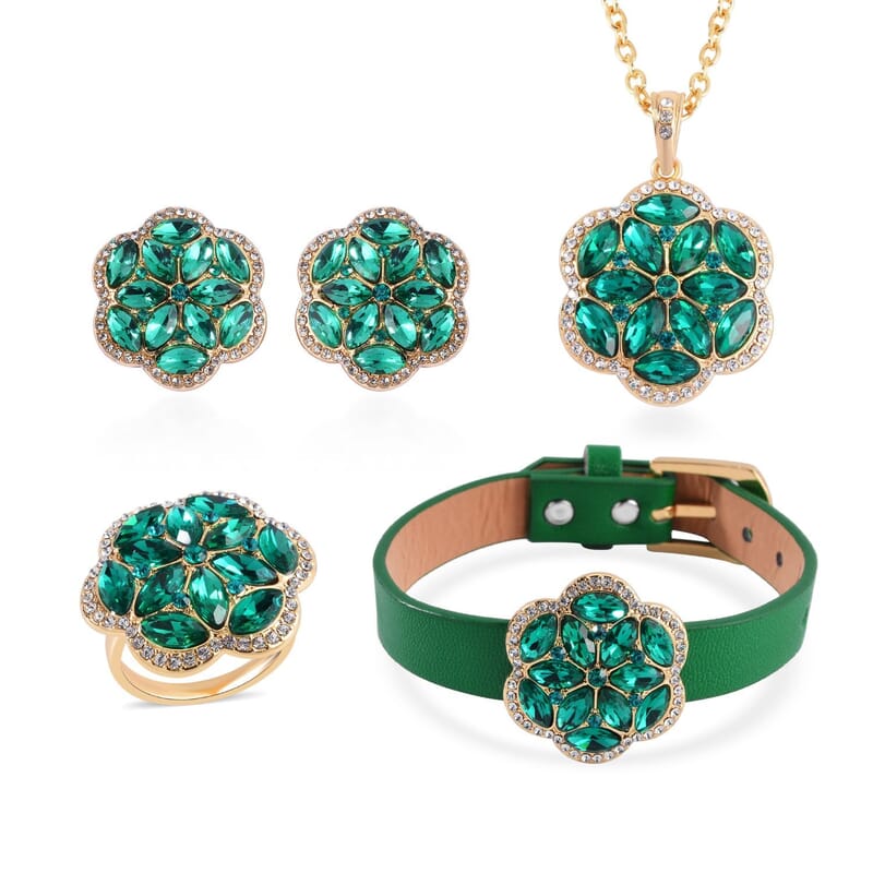 Green and White Austrian Crystal, Faux Leather Floral Bracelet (6-8In), Earrings, Ring (Size 6.0) and Pendant Necklace 20-22 Inches In Goldtone