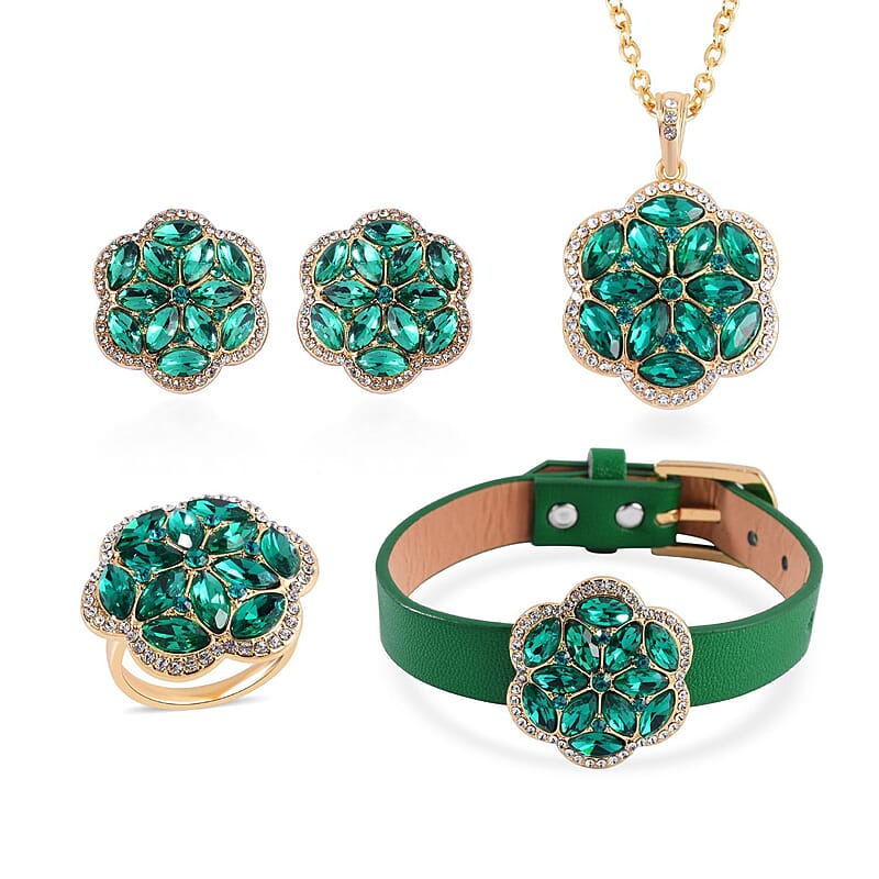 Green and White Austrian Crystal, Faux Leather Floral Bracelet (6-8In), Earrings, Ring (Size 6.0) and Pendant Necklace 20-22 Inches In Goldtone