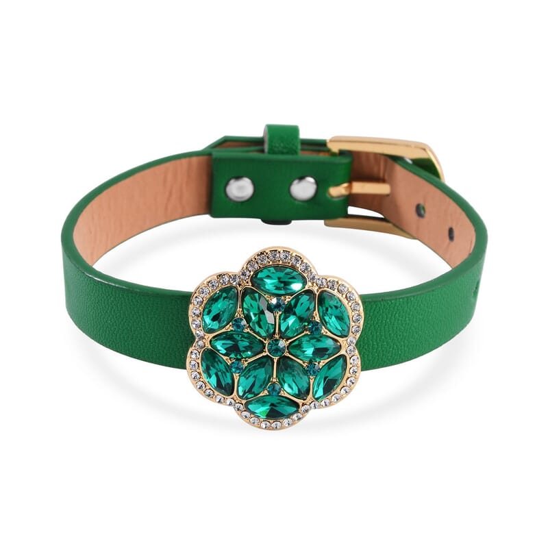 Green and White Austrian Crystal, Faux Leather Floral Bracelet (6-8In), Earrings, Ring (Size 6.0) and Pendant Necklace 20-22 Inches In Goldtone