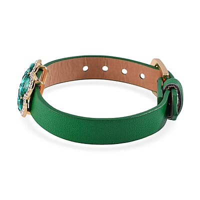 Green and White Austrian Crystal, Faux Leather Floral Bracelet (6-8In), Earrings, Ring (Size 6.0) and Pendant Necklace 20-22 Inches In Goldtone