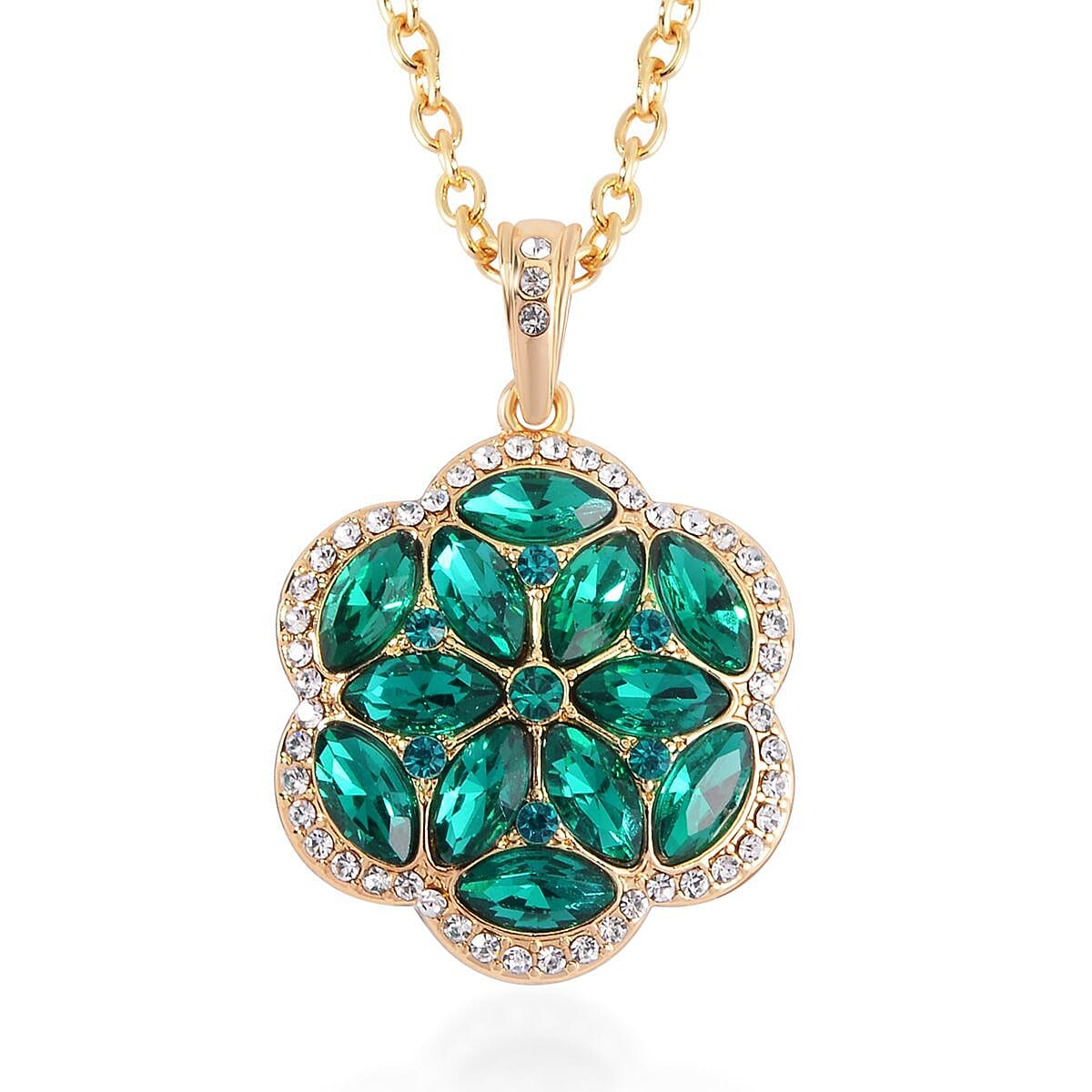 Green and White Austrian Crystal, Faux Leather Floral Bracelet (6-8In), Earrings, Ring (Size 6.0) and Pendant Necklace 20-22 Inches In Goldtone