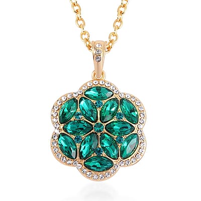Green and White Austrian Crystal, Faux Leather Floral Bracelet (6-8In), Earrings, Ring (Size 6.0) and Pendant Necklace 20-22 Inches In Goldtone
