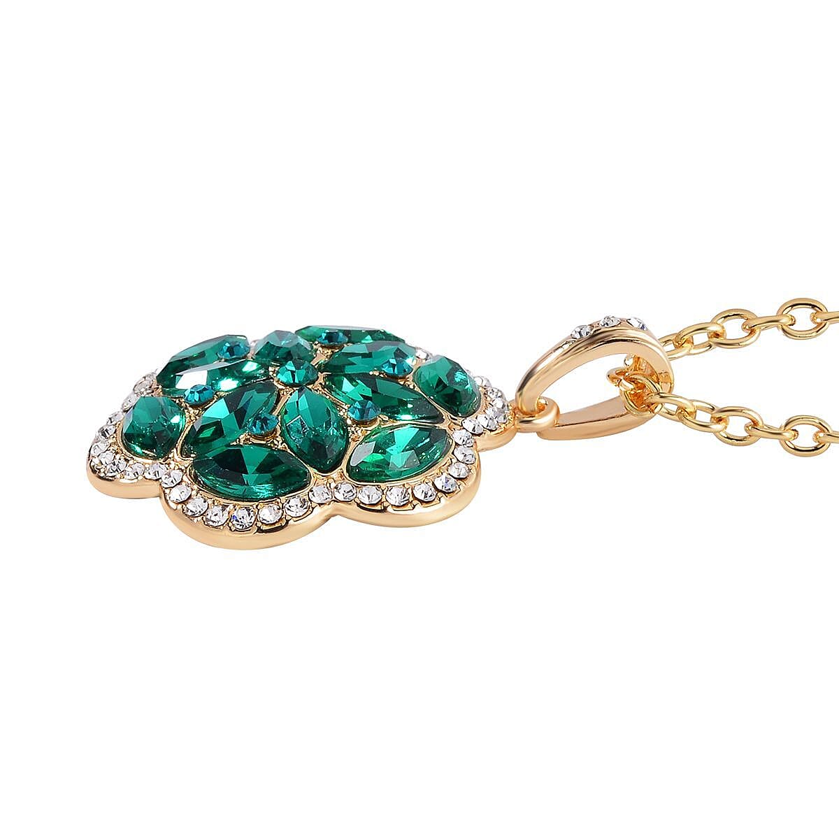 Green and White Austrian Crystal, Faux Leather Floral Bracelet (6-8In), Earrings, Ring (Size 6.0) and Pendant Necklace 20-22 Inches In Goldtone