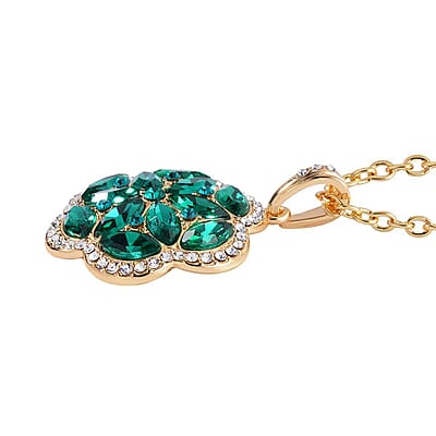 Green and White Austrian Crystal, Faux Leather Floral Bracelet (6-8In), Earrings, Ring (Size 6.0) and Pendant Necklace 20-22 Inches In Goldtone