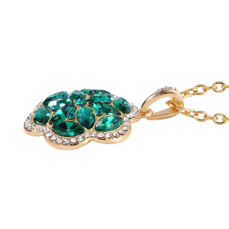 Green and White Austrian Crystal, Faux Leather Floral Bracelet (6-8In), Earrings, Ring (Size 6.0) and Pendant Necklace 20-22 Inches In Goldtone