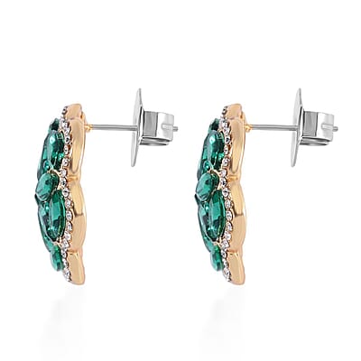 Green and White Austrian Crystal, Faux Leather Floral Bracelet (6-8In), Earrings, Ring (Size 6.0) and Pendant Necklace 20-22 Inches In Goldtone