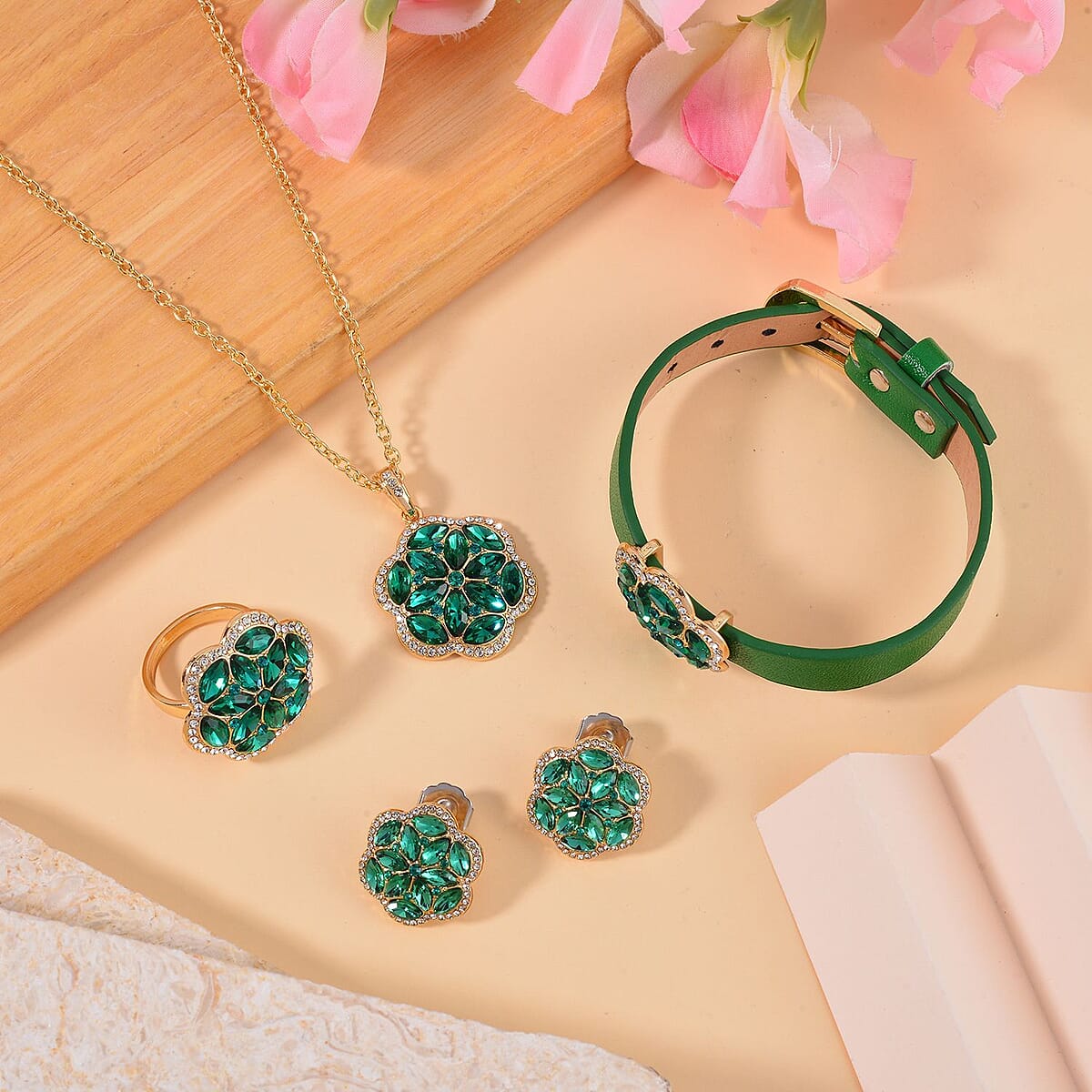 Green and White Austrian Crystal, Faux Leather Floral Bracelet (6-8In), Earrings, Ring (Size 10.0) and Pendant Necklace 20-22 Inches In Goldtone image number 1