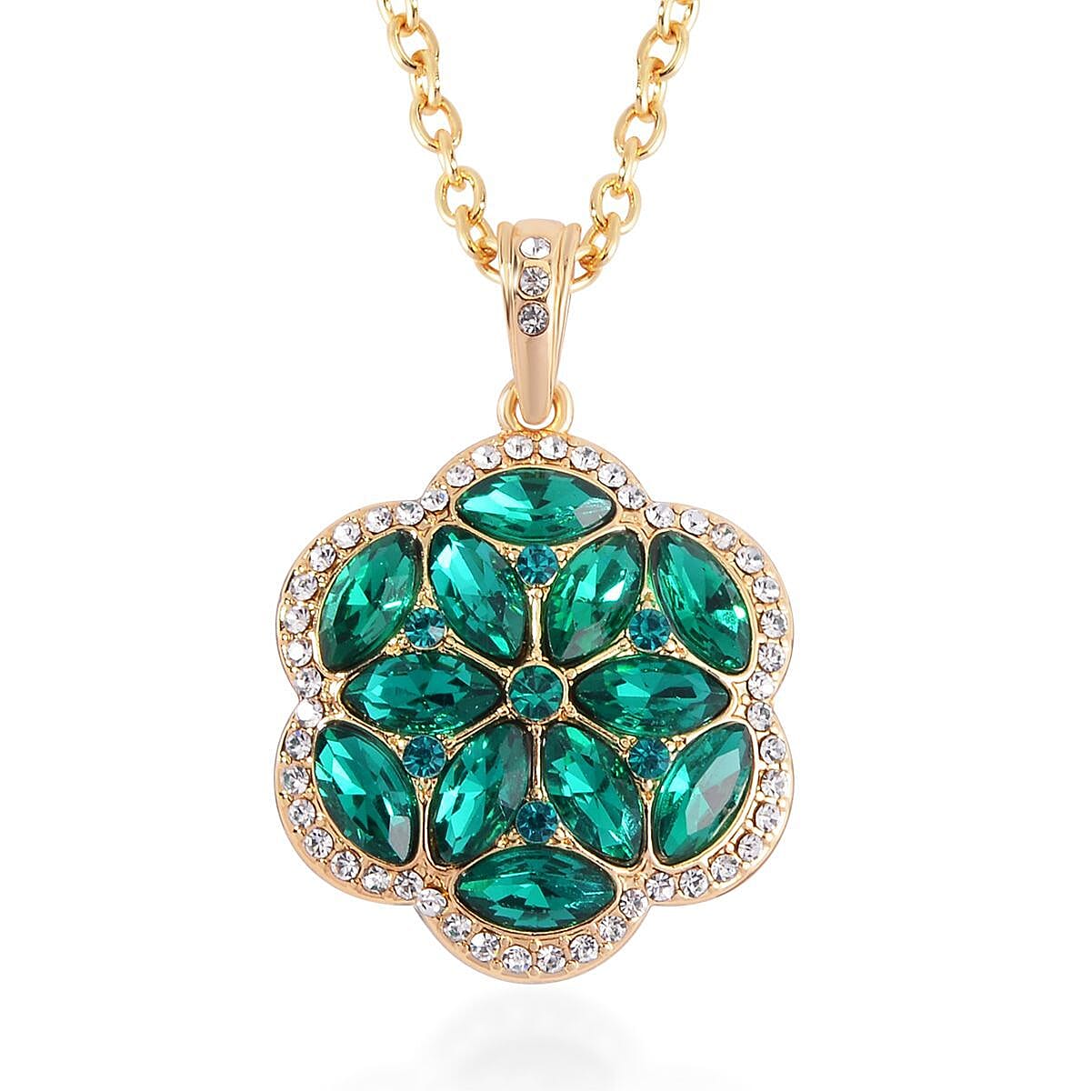 Green and White Austrian Crystal, Faux Leather Floral Bracelet (6-8In), Earrings, Ring (Size 10.0) and Pendant Necklace 20-22 Inches In Goldtone image number 5