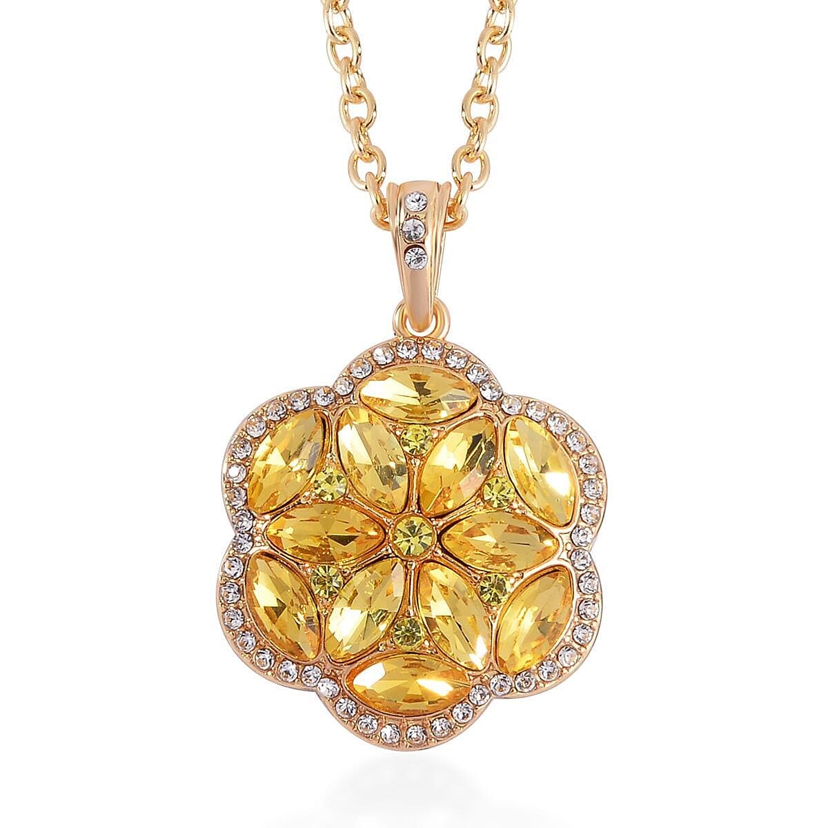 Gold and White Austrian Crystal, Faux Leather Floral Bracelet (6-8In), Earrings, Ring (Size 10.0) and Pendant Necklace 20-22 Inches In Goldtone image number 5