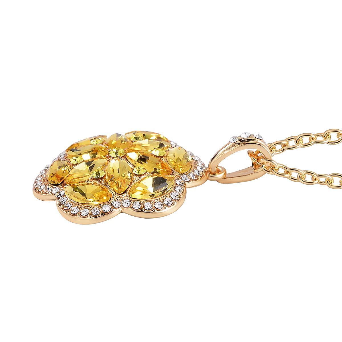 Gold and White Austrian Crystal, Faux Leather Floral Bracelet (6-8In), Earrings, Ring (Size 10.0) and Pendant Necklace 20-22 Inches In Goldtone image number 6