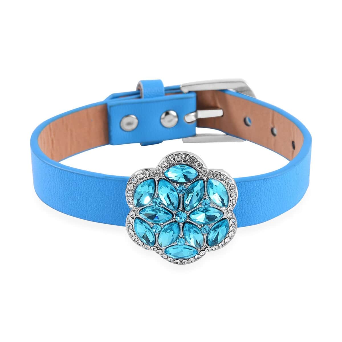 Sky Blue Color and White Austrian Crystal, Faux Leather Floral Bracelet (6-8In), Earrings, Ring (Size 6.0) and Pendant Necklace 20-22 Inches In Silvertone image number 3