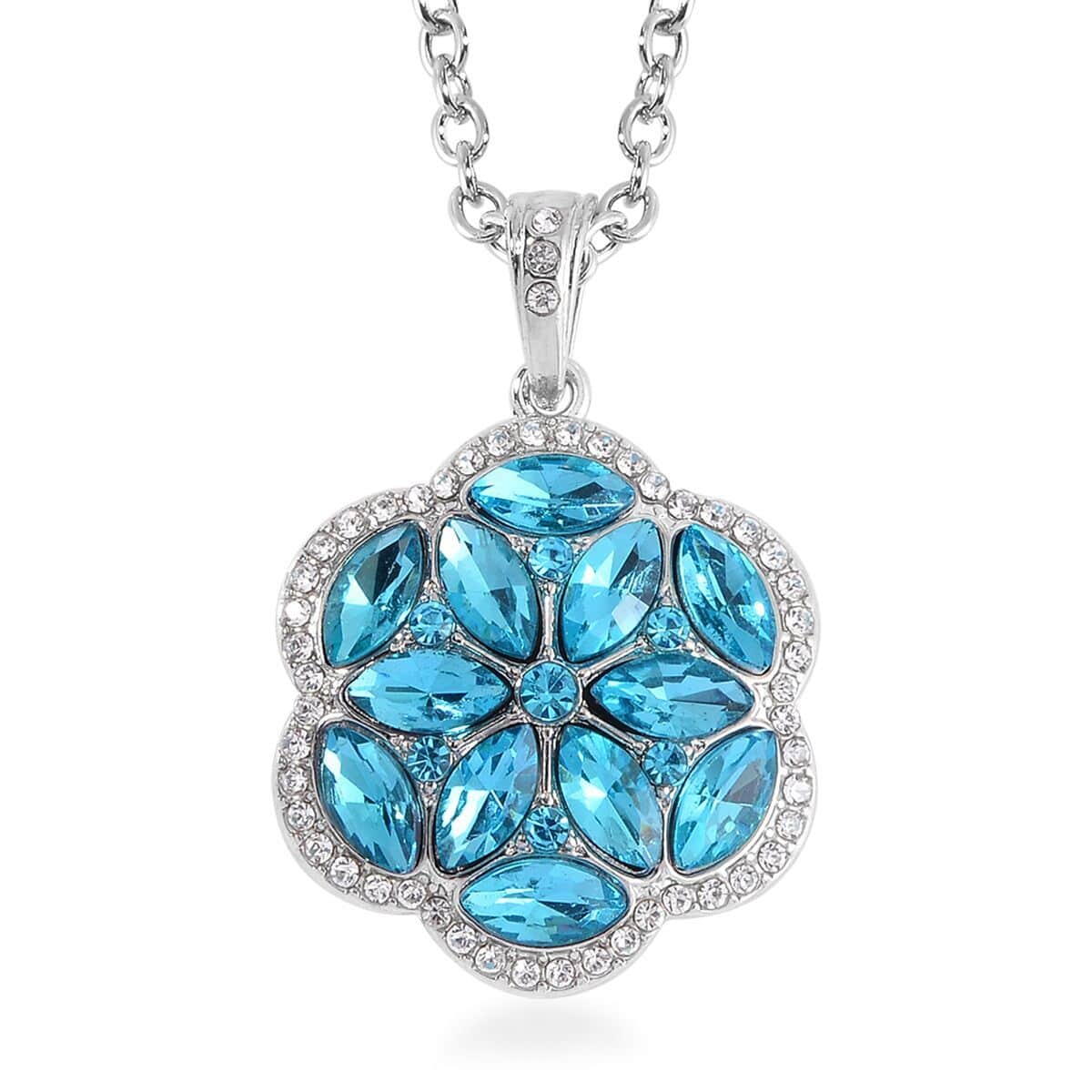 Sky Blue Color and White Austrian Crystal, Faux Leather Floral Bracelet (6-8In), Earrings, Ring (Size 8.0) and Pendant Necklace 20-22 Inches In Silvertone image number 5