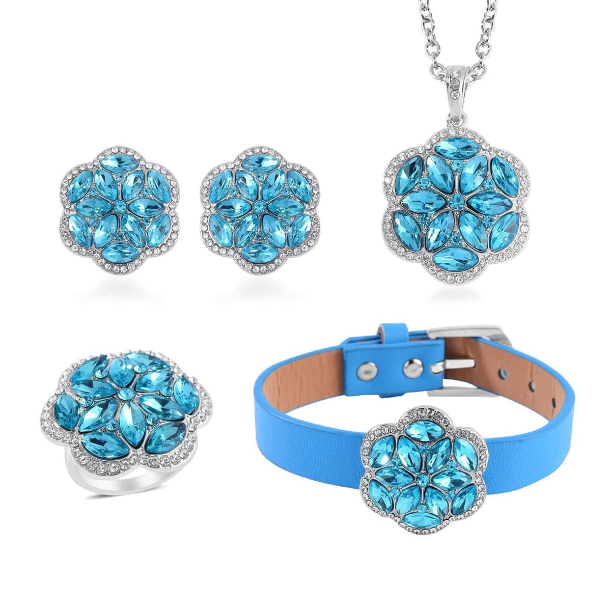 Sky Blue Color and White Austrian Crystal, Faux Leather Floral Bracelet (6-8In), Earrings, Ring (Size 10.0) and Pendant Necklace 20-22 Inches In Silvertone image number 0