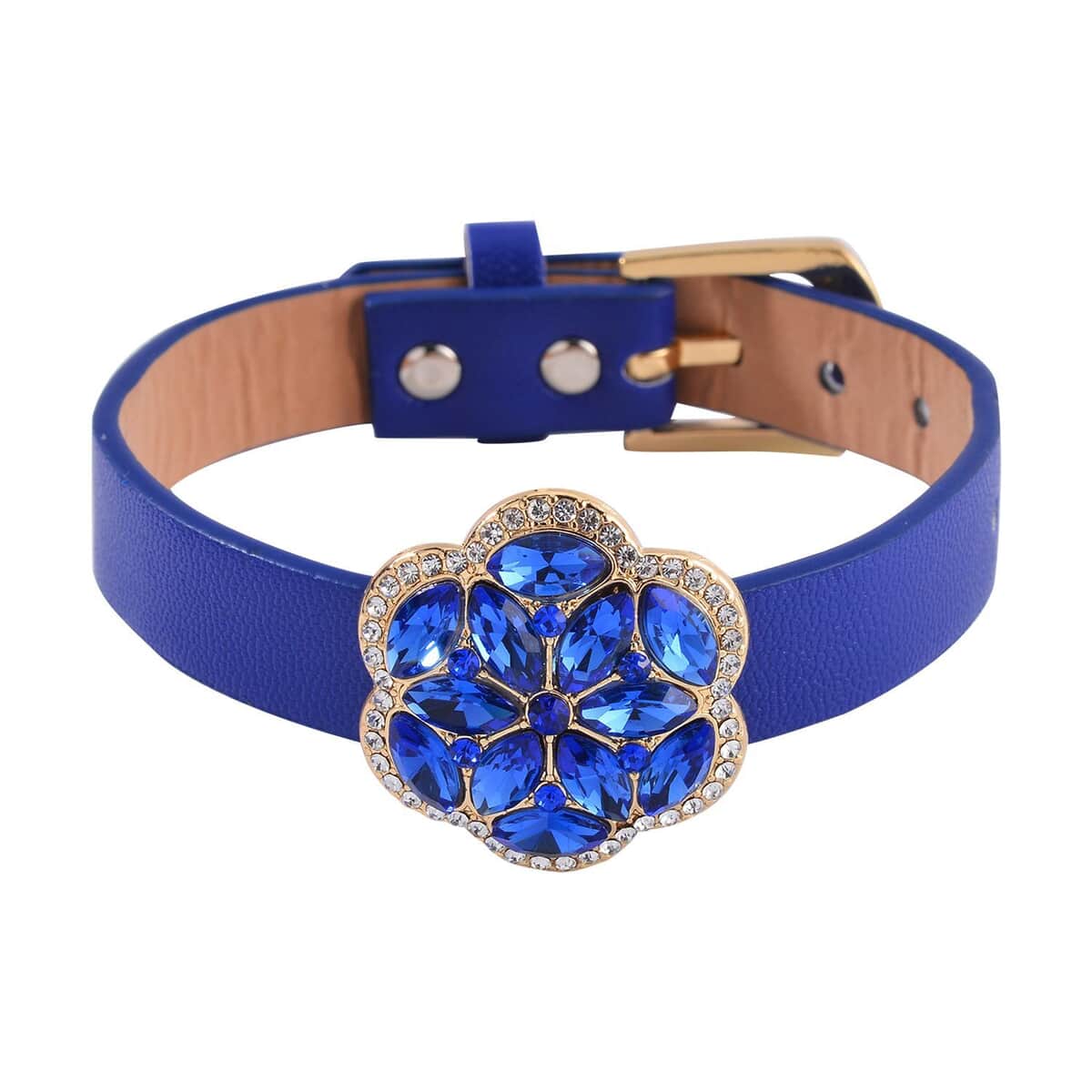 Sapphire Blue Color and White Austrian Crystal, Faux Leather Floral Bracelet (6-8In), Earrings, Ring (Size 8.0) and Pendant Necklace 20-22 Inches In Goldtone image number 3