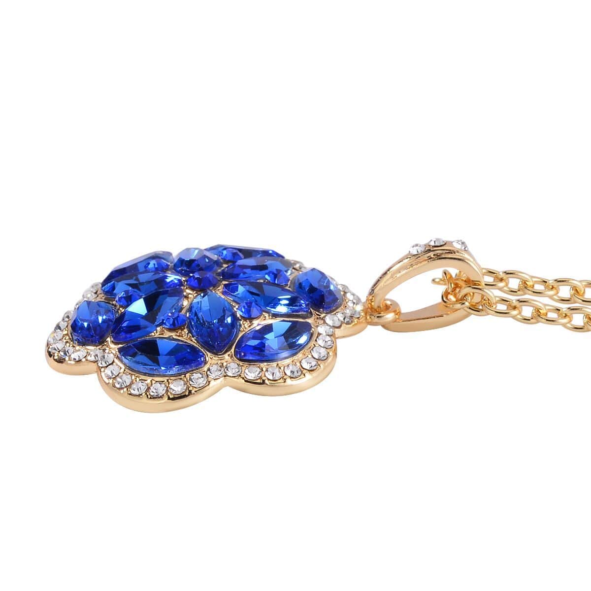 Sapphire Blue Color and White Austrian Crystal, Faux Leather Floral Bracelet (6-8In), Earrings, Ring (Size 8.0) and Pendant Necklace 20-22 Inches In Goldtone image number 6