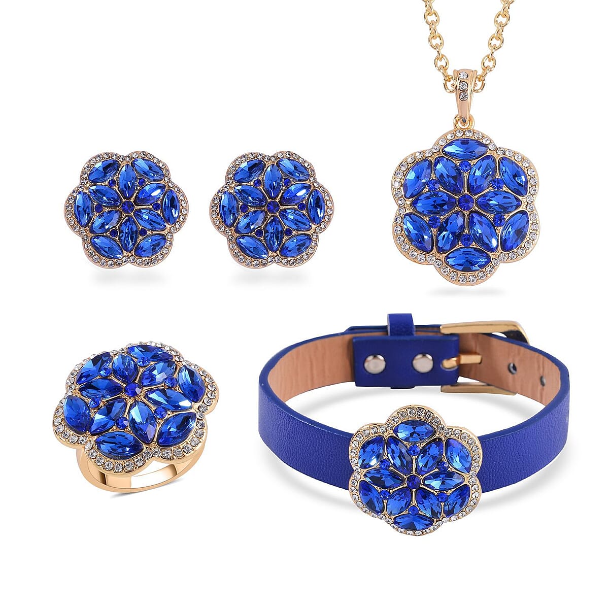 Sapphire Blue Color and White Austrian Crystal, Faux Leather Floral Bracelet (6-8In), Earrings, Ring (Size 10.0) and Pendant Necklace 20-22 Inches In Goldtone image number 0