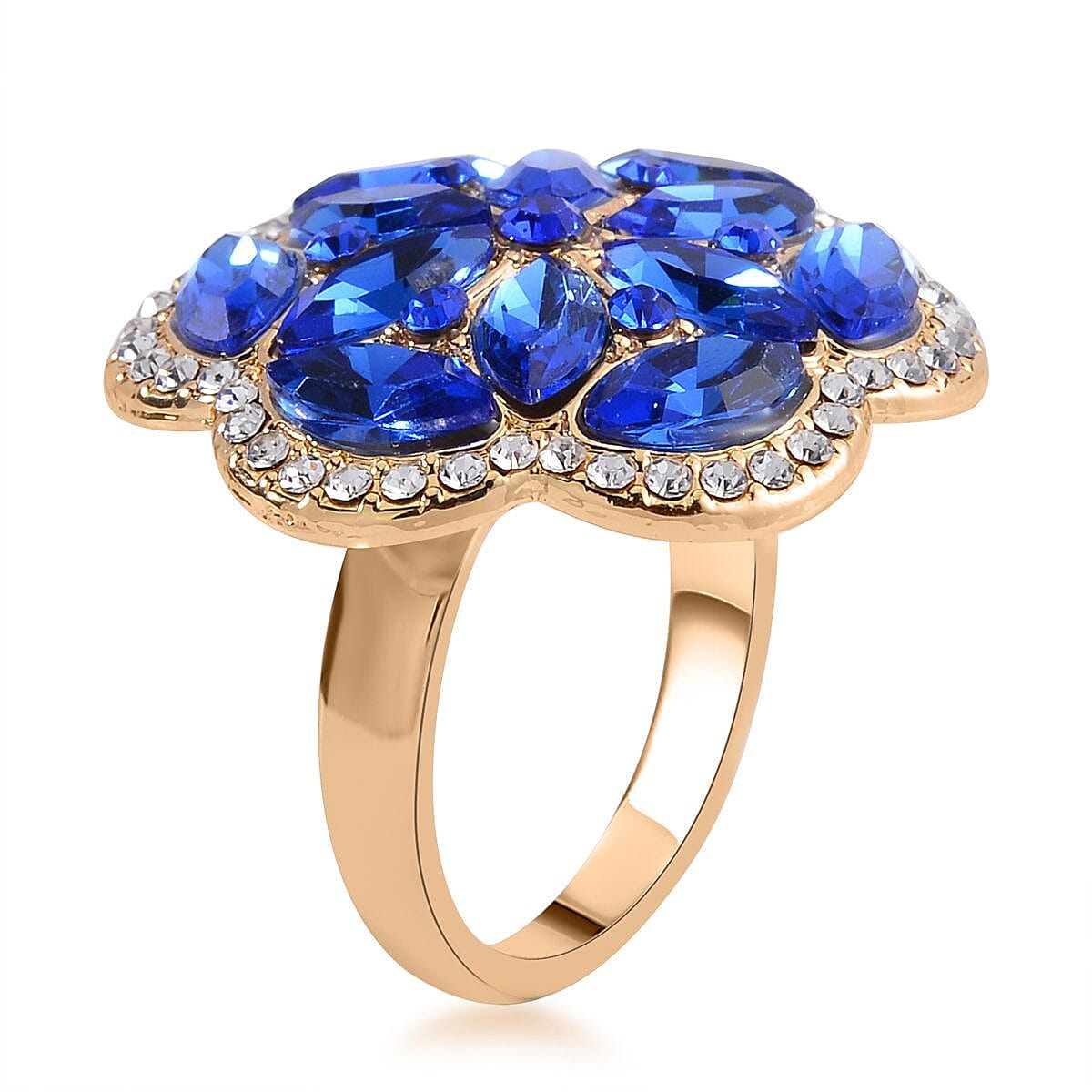 Sapphire Blue Color and White Austrian Crystal, Faux Leather Floral Bracelet (6-8In), Earrings, Ring (Size 10.0) and Pendant Necklace 20-22 Inches In Goldtone image number 2
