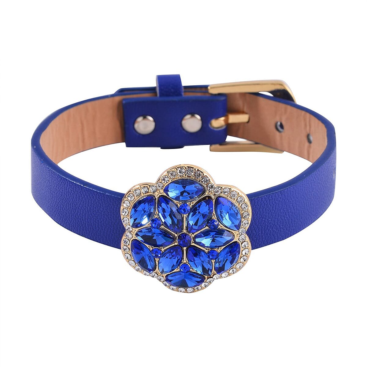 Sapphire Blue Color and White Austrian Crystal, Faux Leather Floral Bracelet (6-8In), Earrings, Ring (Size 10.0) and Pendant Necklace 20-22 Inches In Goldtone image number 3